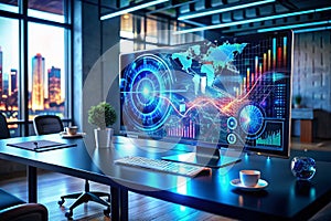 Immersive Data Visualization A Futuristic Computer Display Showcases Dynamic Interface and Advanced Analytics in a
