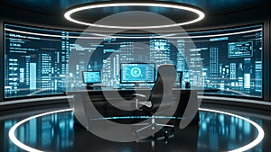Futuristic Tech Command Center with City Data Visualization