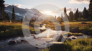 Immersive Sunrise At Stream: A Photorealistic Wilderness Landscape