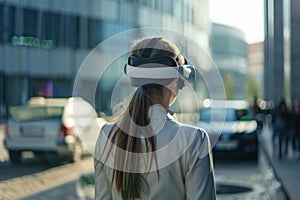 Immersive technology in everyday life. people wearing VR headsets in a public setting photo