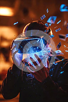 Immersive Virtual Reality Experience with Dynamic Light Effects and Floating Digital Elements