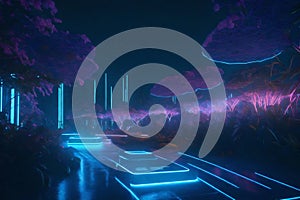 An immersive virtual reality world with a blend of futuristic and natural elements,