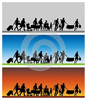 Immigrants silhouette with different backgrounds photo