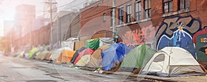 Immigrants temporary tent camp at dysfunctional district. Homeless refugees sleepover place in abandoned urban block photo