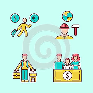 Immigrants yellow color icons set. Economic migrant, family sponsorship immigration. Job for immigrants. Emigrants photo
