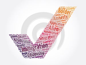 Immigration check mark word cloud collage, concept background