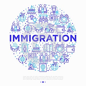 Immigration concept in circle with thin line icons: immigrants, illegals, baggage examination, passport, demonstration,