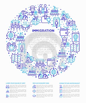 Immigration concept in circle with thin line icons: immigrants, illegals, baggage examination, passport, demonstration,