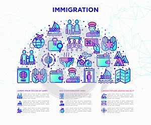 Immigration concept in half circle with thin line icons: immigrants, illegals, baggage examination, international flights, custom