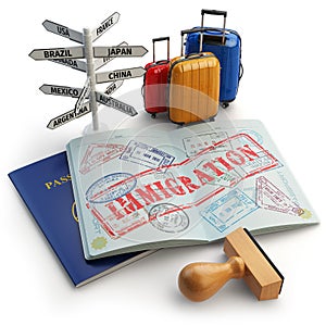 Immigration concept. Passport with stamps and visas, luggage and