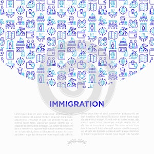 Immigration concept with thin line icons: immigrants, illegals, baggage examination, passport, international flights, customs,