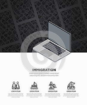 Immigration concept with thin line icons: immigrants, illegals, baggage examination, passport, international flights, customs.