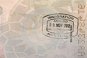 Immigration control arrival stamp in the Passport Page. Immigration Australia. Travel or turism concept