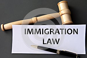 IMMIGRATION LAW - words on white paper on dark background with judge\'s gavel