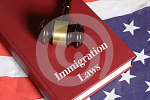 Immigration Laws book with Gavel on USA flag photo