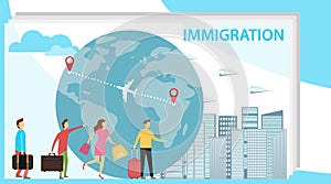 Immigration. Mini people migrate to developed countries. The concept of migration of people against the background of