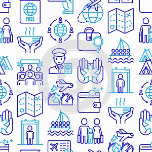 Immigration seamless pattern with thin line icons: immigrants, illegals, baggage examination, passport, international flights,