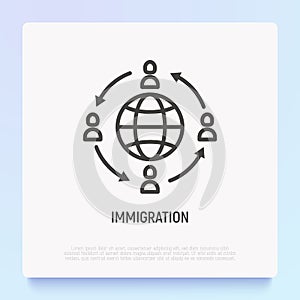 Immigration thin line icon: people moving around globe. Modern vector illustration