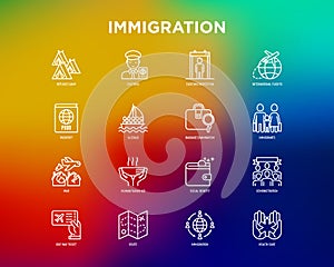 Immigration thin line icons set: immigrants, illegals, baggage examination, passport, international flights, customs, inspection,