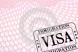 Immigration visa document stamp passport page close up