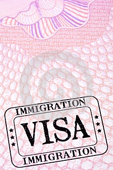 Immigration visa stamp passport page close up