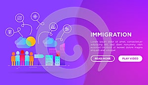 Immigration web page template with gradient flat icons: immigrants moving to the big city. Thin line icons: illegals, passport,