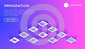 Immigration web page template with thin line isometric icons: immigrants, illegals, baggage examination, passport, customs,