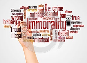 Immorality word cloud and hand with marker concept photo