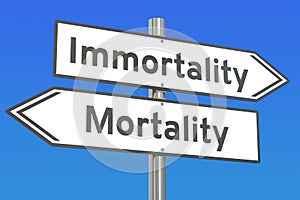 Immortality or mortality concept on the road signpost, 3D render photo
