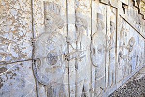 Immortals persian warriors bas relief in Darius palace, Persepolis, Iran.