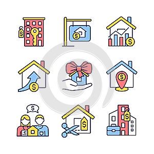 Immovable property purchasing RGB color icons set