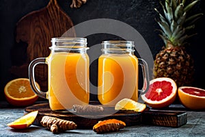 Immune boosting, anti inflammatory smoothie with orange, pineapple, turmeric. Detox morning juice drink