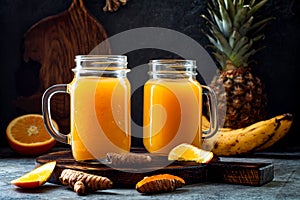 Immune boosting, anti inflammatory smoothie with orange, pineapple, turmeric. Detox morning juice drink