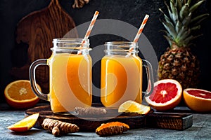 Immune boosting, anti inflammatory smoothie with orange, pineapple, turmeric. Detox morning juice drink photo