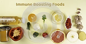 Immune boosting health food selection over yellow background