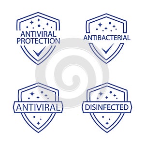 Immune guard. Antimicrobial resistant badges. Coronavirus protection shield. Antibacterial protection or immune system icons set.
