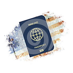 Immune Passport, against the background of the flag of America. For entering the country, people vaccinated or recovered