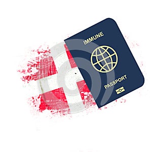 Immune Passport, against the background of the flag of Denmark. For entering the country, people vaccinated or recovered