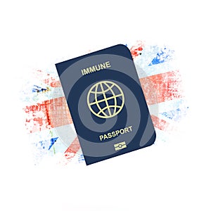 Immune Passport, against the background of the flag of England. For entering the country, people vaccinated or recovered