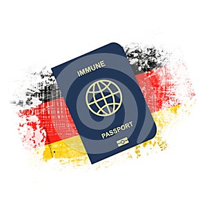 Immune Passport, against the background of the flag of Germany. For entering the country, people vaccinated or recovered