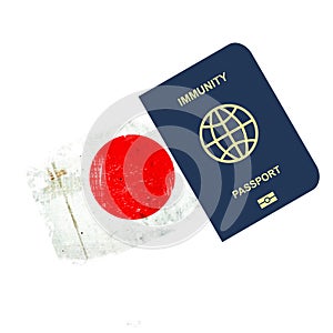 Immune Passport  against the background of the flag of Japan. For entering the country  people vaccinated or recovered from COVID-