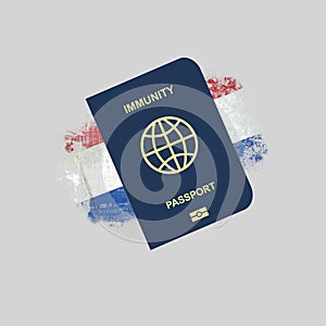 Immune Passport  against the background of the flag of Netherlands. For entering the country  people vaccinated or recovered from