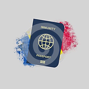 Immune Passport, against the background of the flag of Romania. For entering the country, people vaccinated or recovered from