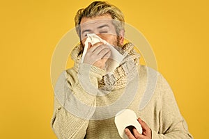 Immune response. Bearded man sick. Cold flu concept. Body temperature. Headache virus symptom. First symptom. Suffer
