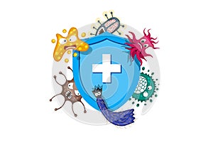 Immune system concept. Hygienic medical blue shield protecting from virus germs and bacteria. Flat vector illustration