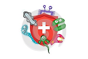 Immune system concept. Hygienic medical red shield protecting from virus germs and bacteria. Flat vector illustration on