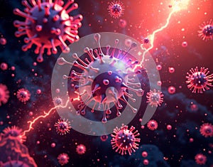 Immune system response visualization. An artistic 3D rendering of antibodies neutralizing viruses in a futuristic data interface