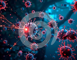 Immune system response visualization. An artistic 3D rendering of antibodies neutralizing viruses in a futuristic data interface
