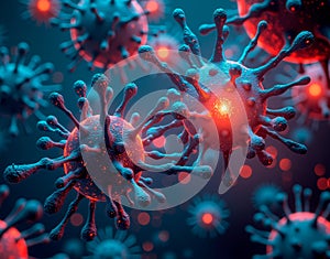 Immune system response visualization. An artistic 3D rendering of antibodies neutralizing viruses in a futuristic data interface