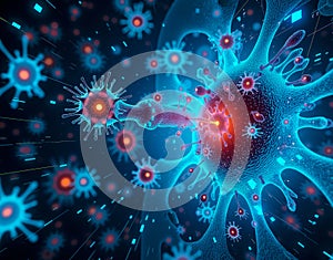 Immune system response visualization. An artistic 3D rendering of antibodies neutralizing viruses in a futuristic data interface
